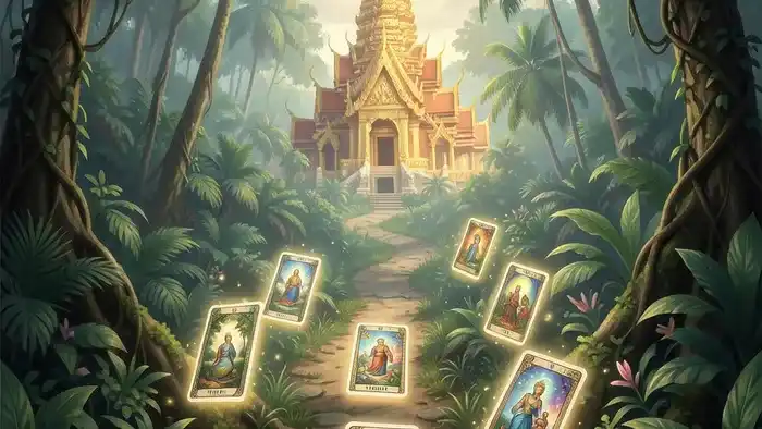 Расклад Таро Путь на Таиланд — мистическая тропа через джунгли к храму с парящими картами Таро