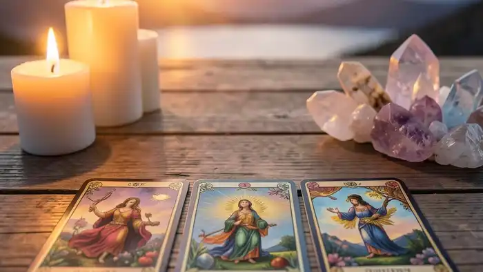 расклад Таро путь на выздоровление, карта на столе с свечой и кристаллами