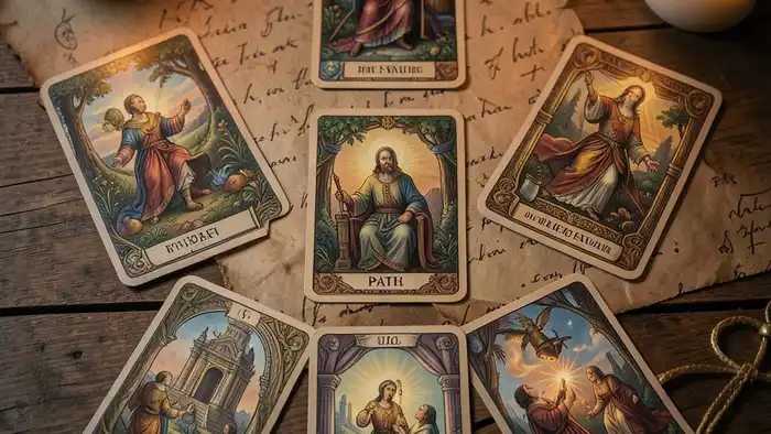 Расклад Таро «путь» на завещание – символический набор карт на деревянном столе
