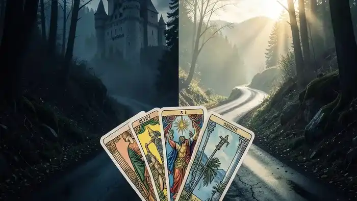 Расклад Таро Развилка на абьюз: символическое изображение двух путей в лесу и карт, помогающих сделать выбор.