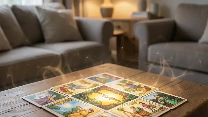 Расклад Таро «развилка» на энергию дома, изображение уютного интерьера с картами
