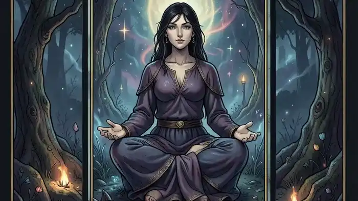 Расклад Таро Развилка на медитацию - человек в точке выбора между двумя светящимися путями в лесу