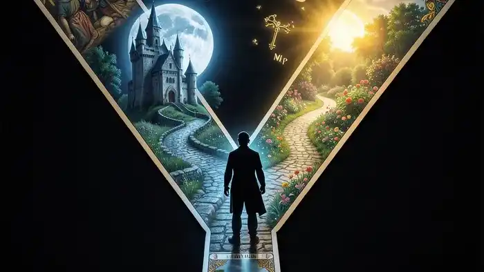 Расклад Таро Развилка на наследственные проблемы — схематичное изображение Y-образной дороги из карт, символизирующей выбор между родовым сценарием и новым путём.