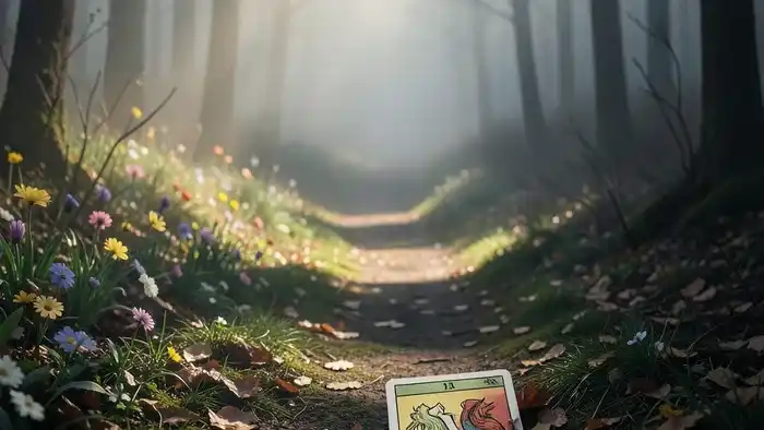 Расклад Таро Развилка на предательство — символическая развилка дорог в лесу с картой Таро