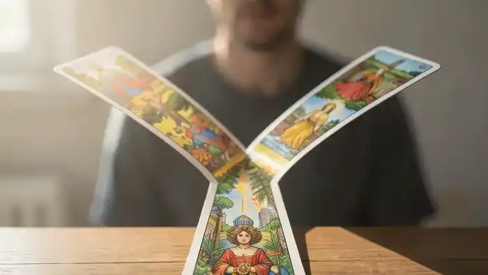 Расклад Таро Развилка на проекте: схема из карт, расходящихся на два пути, символизирующая выбор стратегии.