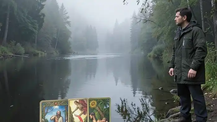 Расклад Таро "река жизни" на круиз — схема с картами на воде и человеком на берегу