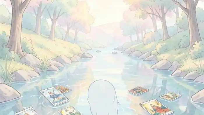 Расклад Таро «река жизни» на нервную систему – иллюстрация реки, проходящей через силуэт человека с картами Таро