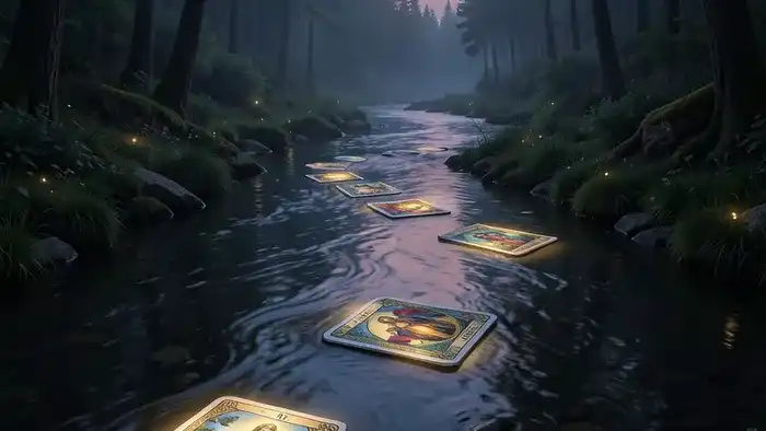 Расклад Таро Река жизни - символическое изображение реки с картами Таро на берегах как метафора анализа отношений с отчимом