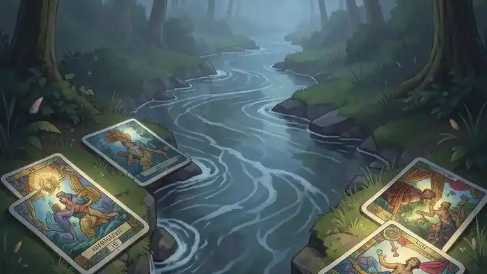 Расклад Таро Река жизни на уверенность в себе — схематичная иллюстрация с картами, разложенными вдоль извилистой реки в лесу.