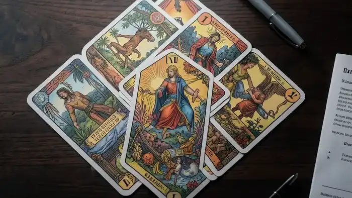 Расклад Таро Ромб для найма сотрудника — карты, выложенные в форме ромба на фоне резюме и рабочего стола.