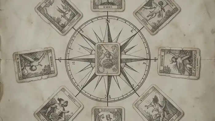 Расклад Таро Роза ветров: схематичное изображение на старой карте с картами на позициях сторон света.