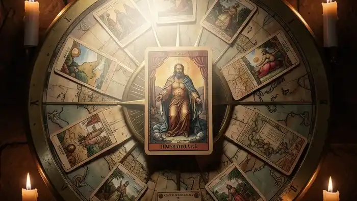 Расклад Таро Роза ветров на благословение - схема с картами вокруг компаса на деревянном столе