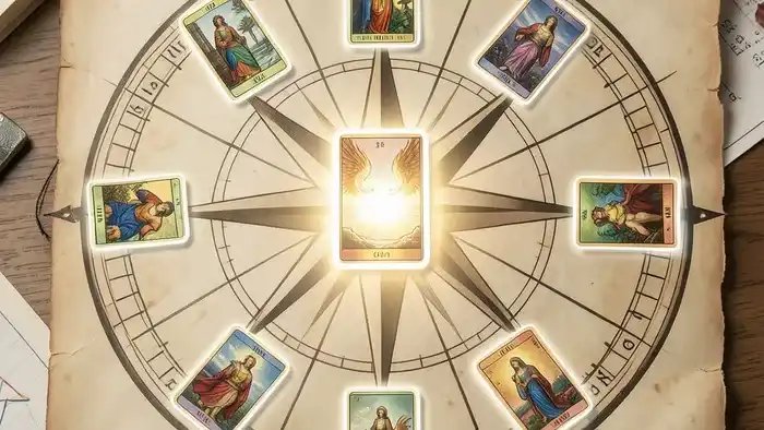 Расклад Таро Роза ветров на повышение: схема компаса с картами на каждой позиции