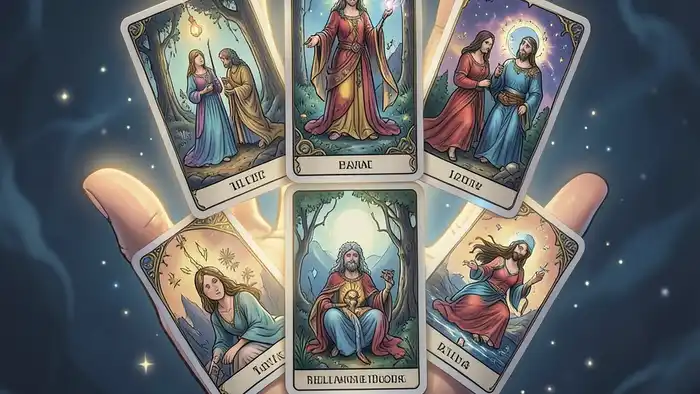 расклад Таро рука судьбы на отношения – изображение руки с семью картами