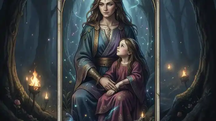 Расклад Таро «Рука Судьбы» на отношения с дочерью, с картами на стилизованной ладони, символизирующими взаимосвязь матери и дочери