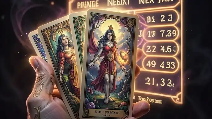 Расклад Таро «рука судьбы» на следующий год – изображение руки с картами и календарём