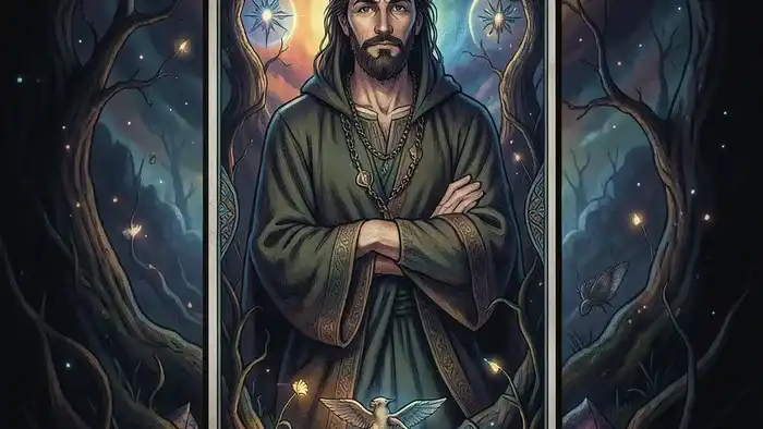 Расклад Таро "Щит" на чувства мужчины — схема из четырёх карт на тёмном фоне