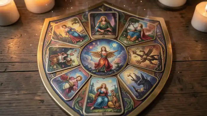 Расклад Таро «щит» на диагноз, изображающий семипозиционный набор карт на столе
