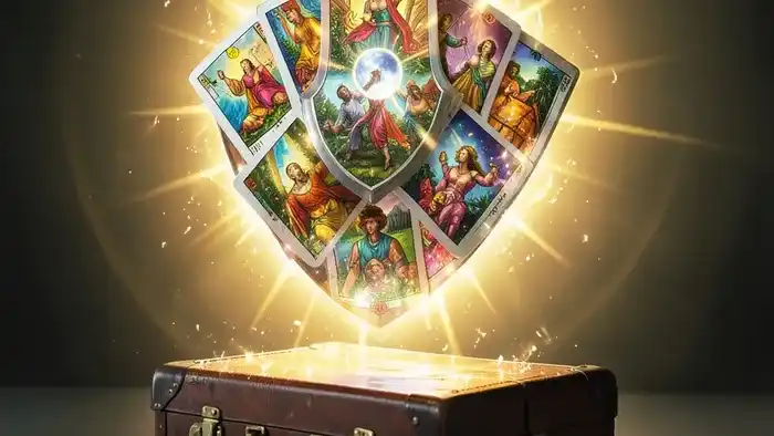 Расклад Таро «щит» на командировку – изображение щита из карт Таро над чемоданом