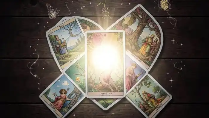 Расклад Таро Сердце на похудение — семь карт, выложенных в форме сердца на деревянном столе