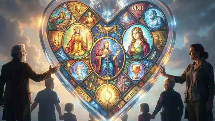 Расклад Таро Сердце на семейные узы: символическое изображение сердца со старшими арканами внутри и силуэтами членов семьи вокруг.