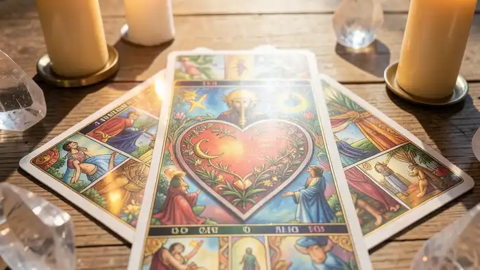 Расклад Таро сердце на солнцестояние, карта сердца в центре, солнечный свет
