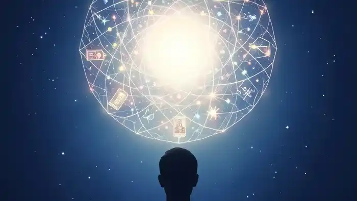 Расклад Таро Спираль на нервную систему: символическая спираль из нейронов и арканов над силуэтом человека в состоянии покоя.