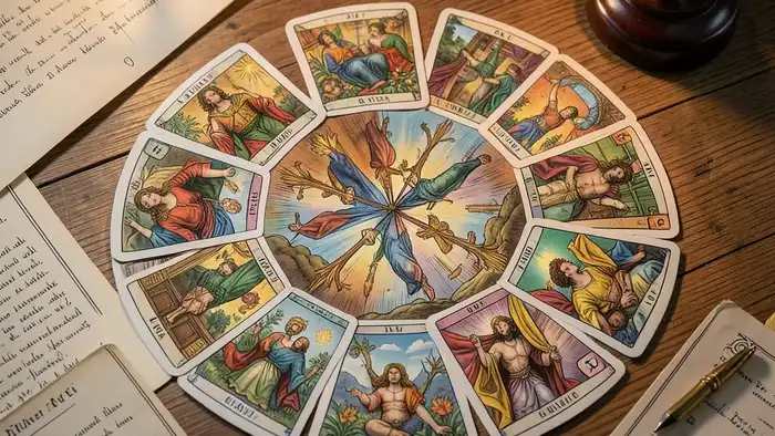 Расклад Таро «спираль» на нотариуса – изображение спирального расклада с юридическими элементами