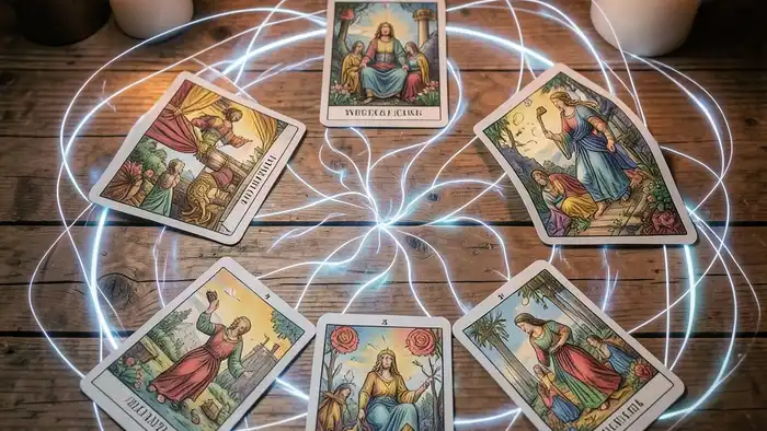 ��асклад Таро спираль изображение расклада с семью картами и энергетическим светом