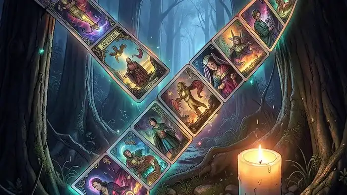 Расклад Таро «стрела» на обряд — визуальная карта с свечой и картами