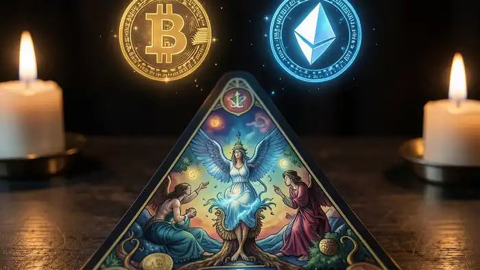 Расклад Таро «треугольник» на криптовалюту – символический треугольник с картами и светящимися логотипами биткоина и эфира
