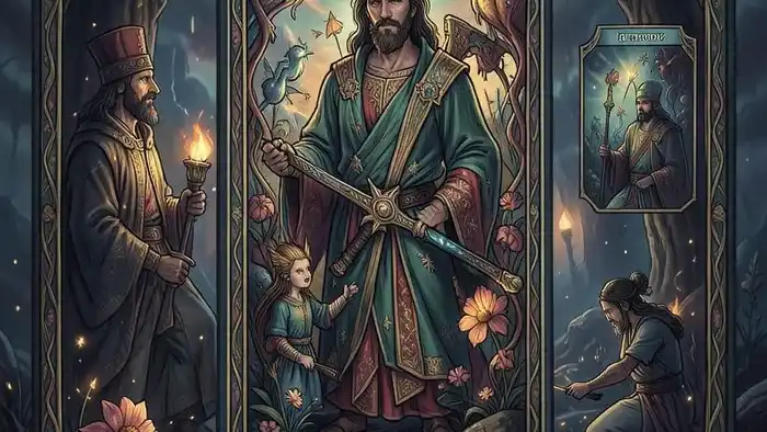 Расклад Таро «Цепочка» на накопления с картами масти Пентаклей на деревянном столе, символизирующий анализ финансовых потоков и сбережений.