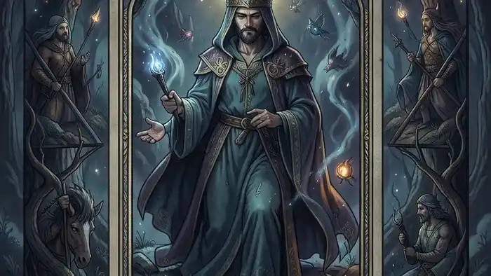 Расклад Таро Цепочка на неожиданность: пять карт, образующих разорванную цепь на фоне космоса