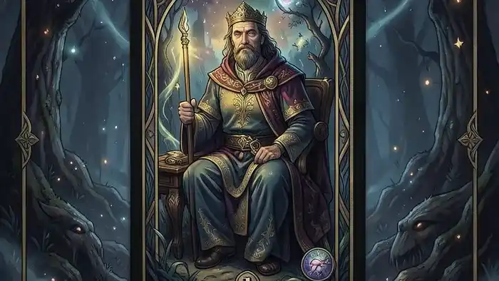 Расклад Таро Цепочка на отчима: семь карт в виде цепочки на деревянном столе, символизирующие анализ сложных семейных отношений.