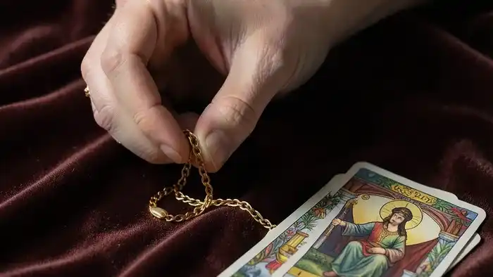 Расклад Таро Цепочка на отношения: рука разбирает цепь рядом со Старшими Арканами