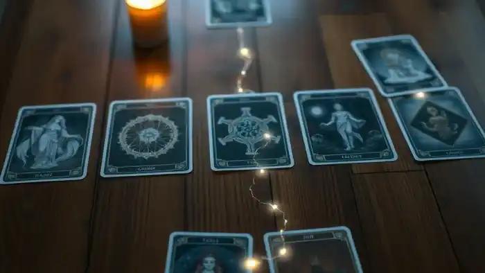 Расклад Таро «Цепочка» на шанс — пять карт, выложенных в линию на деревянной поверхности