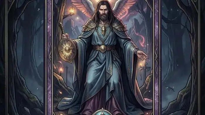 Расклад Таро «Цепочка» на стресс — семь карт в последовательности на деревянном столе с символами напряжения