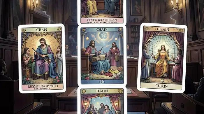 Расклад Таро «цепочка» на судебный иск о деньгах – визуальное изображение