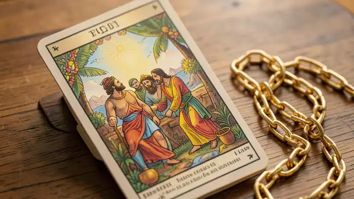 Расклад Таро «цепочка» на сводных братьев – изображение колоды и золотой цепочки
