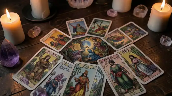 Расклад Таро «цыганский» на абьюз – изображение колоды, свечей и кристалла аметиста