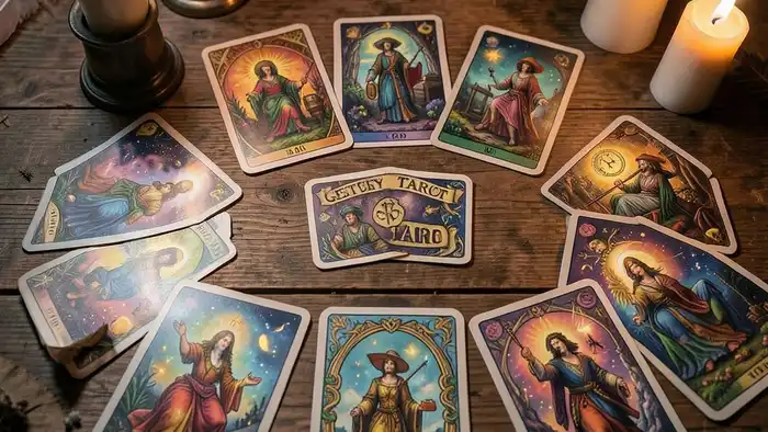 Расклад Таро «цыганский» на замужество – изображение расклада с картами и свечами