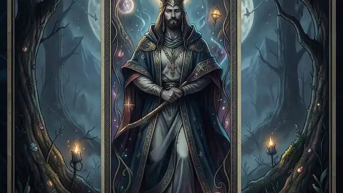 Расклад Таро «Веер» на перемены в жизни — схема из 9 карт на деревянном столе с символами трансформации