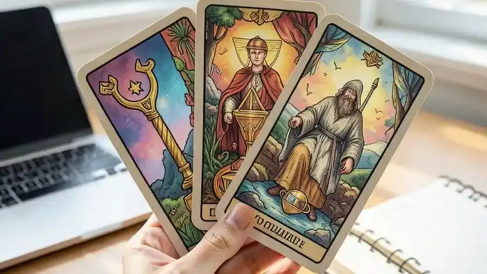 Расклад Таро Веер на продуктивность — пять карт в форме веера на рабочем столе символизируют диагностику эффективности