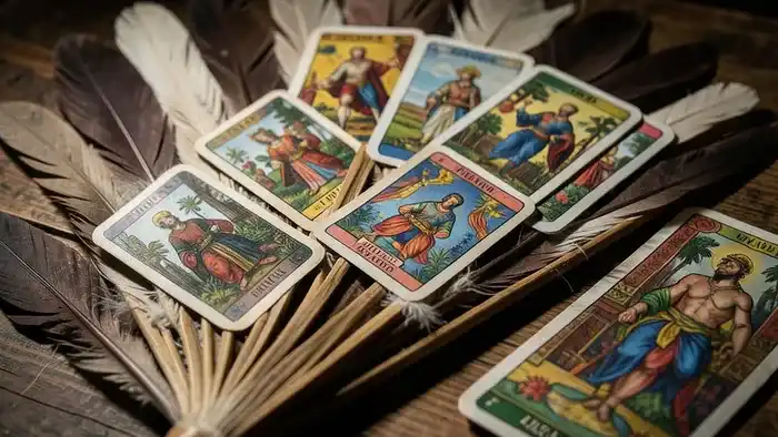 Расклад Таро Веер на развод — семь карт, разложенных в форме веера на фоне старинного веера из перьев