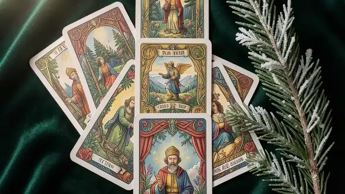 Расклад Таро «Ёлочка» на удачный день: семь карт, выложенных в форме новогодней ёлки на бархатной ткани.