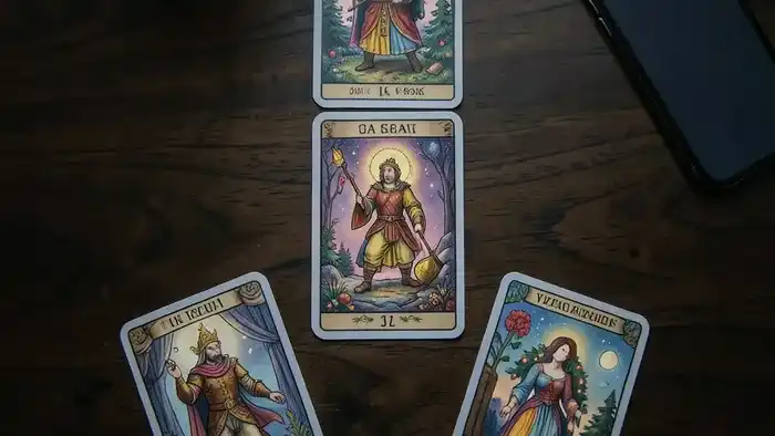 Расклад Таро «Ёлочка» на вопрос «напишет ли он»: пять карт, выложенных V-образно на деревянном столе рядом со смартфоном.