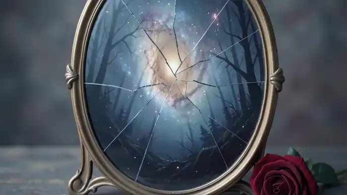 Расклад Таро Зеркало души на булимию — символическое изображение треснувшего зеркала, отражающего внутренний мир, с разложенными картами Таро вокруг.