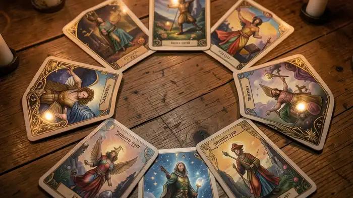 Расклад Таро «зеркало души» на новую работу, изображение карт в виде круга на столе