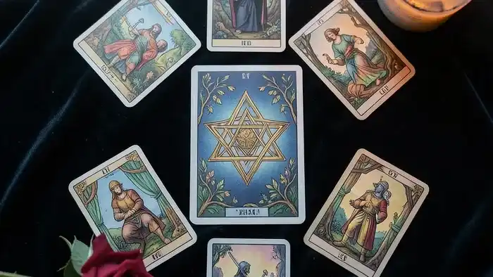 Расклад Таро Звезда Давида на игнор: карты, выложенные в форме шестиконечной звезды на темной ткани