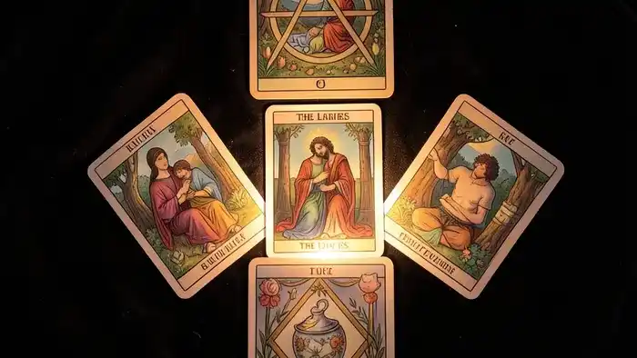 Расклад Таро Звезда Давида на предложение руки, карты выложены в форме шестиконечной звезды на бархатной ткани